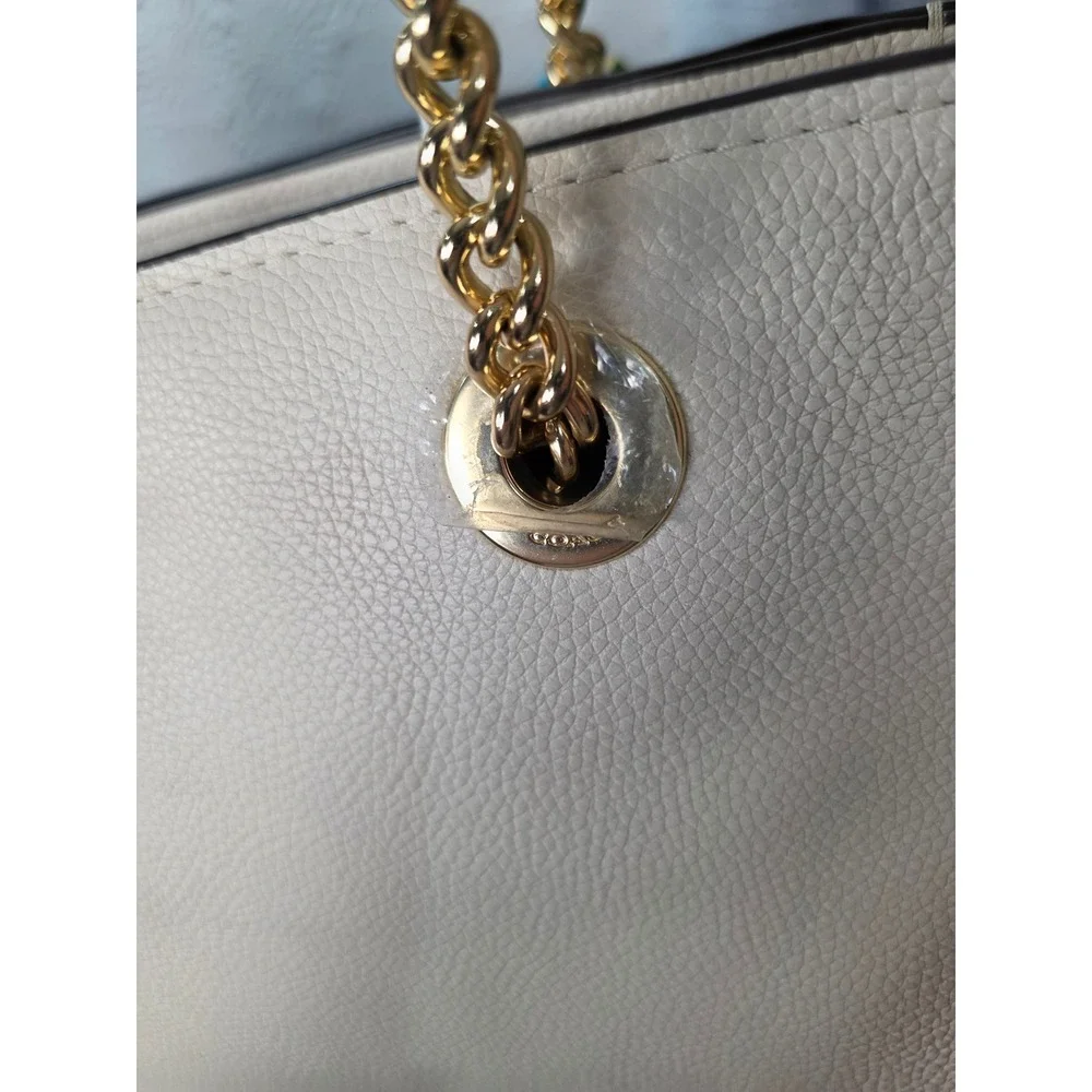 Coach Turnlock Chain Tote 27 Womens Medium Chalk White Good Leather Bag 57107
